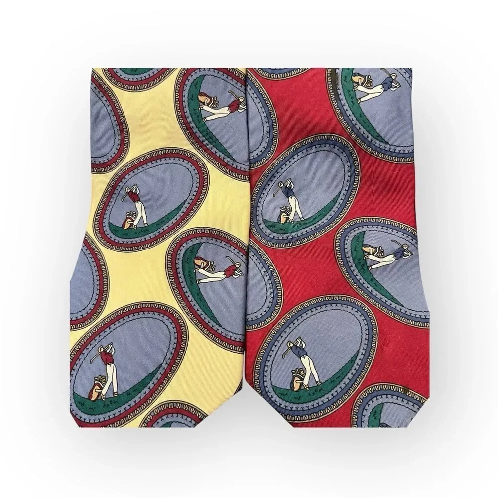 Pierre Cardin TWO Silk Ties Yellow / Red Golfers Retro Characters Medallion Golf